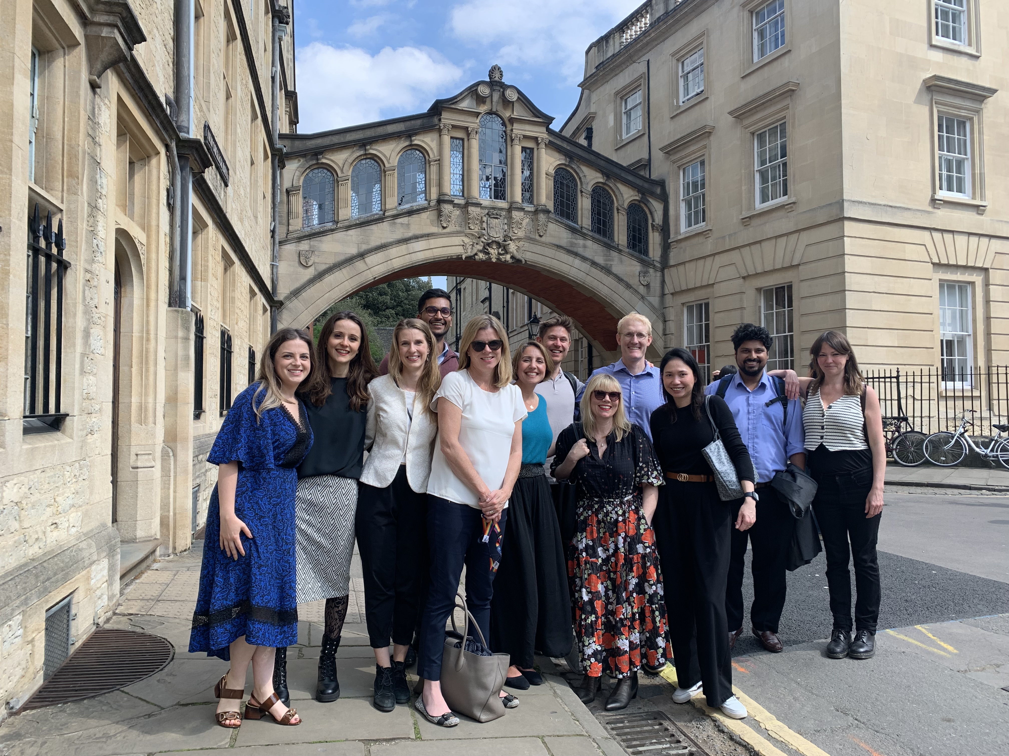 Lab team gathered in front of Oxford's Bridge of Sighs