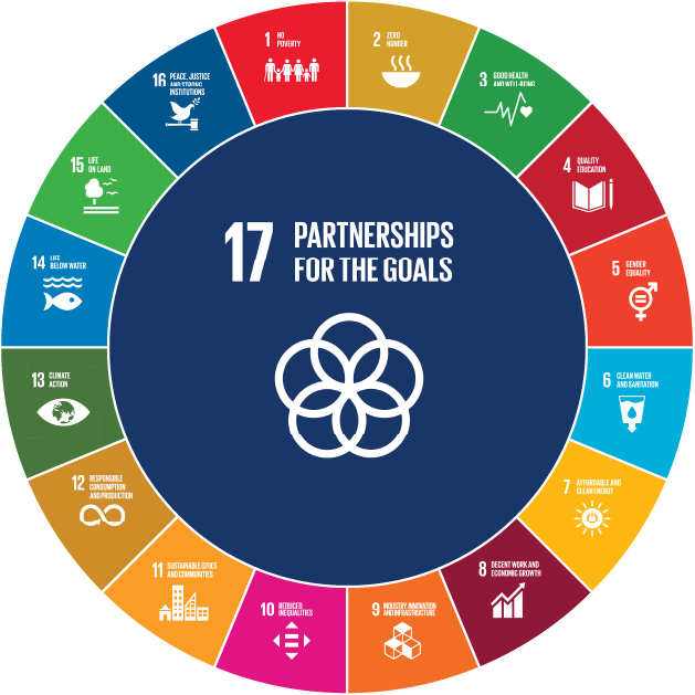 SDG wheel with partnership for the goals in the centre. The other goals surround the central point